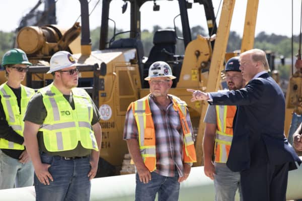President Donald Trump President meets with students and union members at the International Union of Operating Engineers International Training and Education Center April 10, 2019, in Crosby, Texas. (Credit Image: © Joyce Boghosian via ZUMA Wire)
