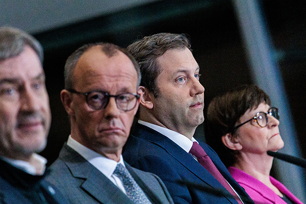 March 4, 2025: Markus Söder, Chairman of the CSU and Minister President of Bavaria, Friedrich Merz, candidate for Chancellor of the CDU/CSU, Chairman of the CDU/CSU parliamentary group and Federal Chairman of the CDU, Lars Klingbeil, Chairman of the SPD parliamentary group and Federal Chairman of the SPD, and Saskia Esken, Party Chairwoman of the SPD, hold a press conference on the exploratory talks between the CDU/CSU and the SPD. (Credit Image: © Carsten Koall/dpa via ZUMA Press)